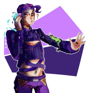動漫角色，擁有紫色頭髮和服裝，抱著一隻綠色青蛙，水從耳朵濺出。 — 榮耀Magic V 壁紙