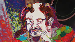 一個兇猛的動漫角色，帶有彩色輪廓和抽象背景。 — 三島一八 壁紙