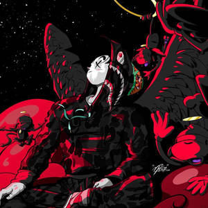 黑色翅膀的動漫角色在星空下斜倚在紅色行星上。 — 1:1 壁紙