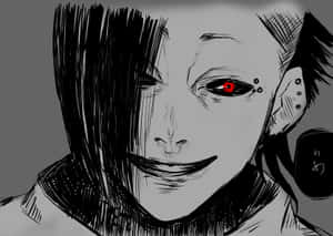 動漫角色，有一隻紅色眼睛和深色頭髮，微笑著。 — 東京喰種角色 壁紙