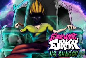 動漫角色坐在王座上，背景是宇宙星雲，帶有「Friday Night Funkin' VS Shaggy HD」文字。 — 電玩遊戲 GIF 壁紙