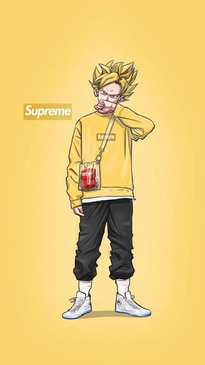 穿著黃色Supreme連帽衫的動漫角色，手持飲料袋。 — 酷炫至尊 壁紙