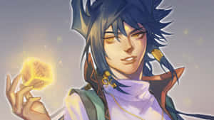 動漫角色拿著發光的魔法立方體，深色頭髮和金色眼睛。 — 魔法少女小圓 壁紙