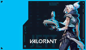 來自Valorant的動漫角色Jett，在數位介面背景下手持發光武器。 — 電玩遊戲 GIF 壁紙