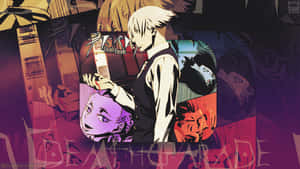 動漫角色在 Death Parade 場景拼貼中手持卡牌。 — 死亡遊行 壁紙