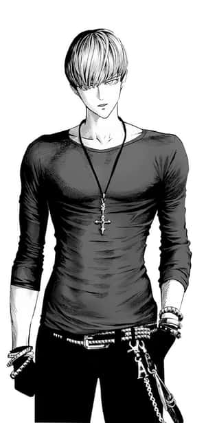 黑白動漫男性角色，帶有十字架項鍊和鏈條。 — 盾之勇者 壁紙