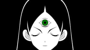 閉著眼睛，額頭上有一個發光的綠色第三隻眼的動漫角色。 — 옥자 壁紙