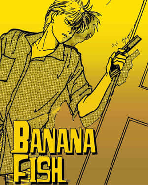 動漫角色拿著刀，帶有粗體黃色文字的「Banana Fish」標題。 — 香蕉魚 壁紙