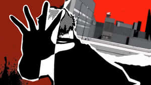 動漫角色在紅色天空和城市建築前舉手。 — 女神異聞錄5 壁紙