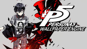 來自 Persona 5 的動漫角色，戴著紅色高帽和眼鏡，站在遊戲標誌旁邊。 — 女神異聞錄5 壁紙