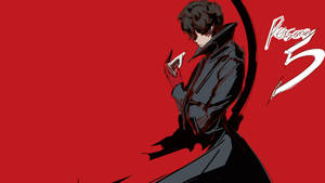 動漫角色穿著深色外套，在紅色背景前手持帶有Persona 5標誌的卡片。 — 三島一八 壁紙