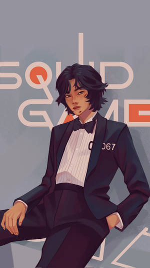 動漫角色穿著燕尾服，翻領上有數字0067，背景為「SOLID GAME」文字。 — 067 魷魚遊戲 壁紙