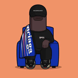 卡通人物穿著Balenciaga服裝坐在藍色椅子上，橙色背景 — Off white 標誌 壁紙
