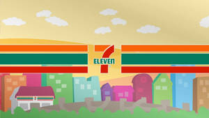 色彩繽紛的卡通城市，日落時分有7 Eleven商店。 — 美式卡通 壁紙