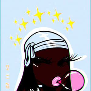 一個帶有星星光環的卡通女孩吹著粉紅色泡泡糖。 — 卡通 壁紙