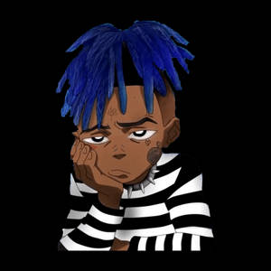 卡通男孩，藍色辮子頭和條紋襯衫，看起來悲傷 — Xxxtentacion 卡通 壁紙