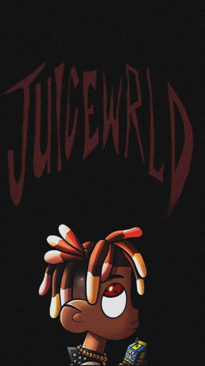 卡通角色，有糖果玉米頭髮，拿著果汁盒，在JuiceWRLD文字下方