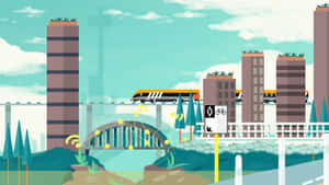 城市場景，有火車橋、自行車標誌和綠色屋頂，在晴朗天空下 — 火車 壁紙