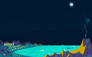 夜晚的海岸小鎮，星空下，滿月與綠松石色的海灣。 — 1280x800 壁紙