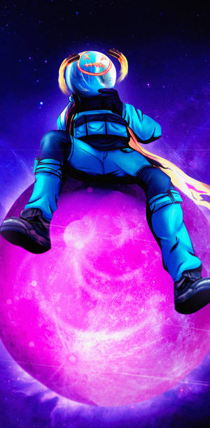 一個戴著發光頭盔的太空人坐在一個繁星點點的紫色太空中的粉紅色行星上。 — 火星人布魯諾 壁紙