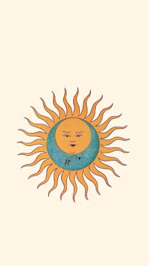 在極簡插圖中，一個帶有臉孔的太陽從新月升起。 — 乾淨 壁紙