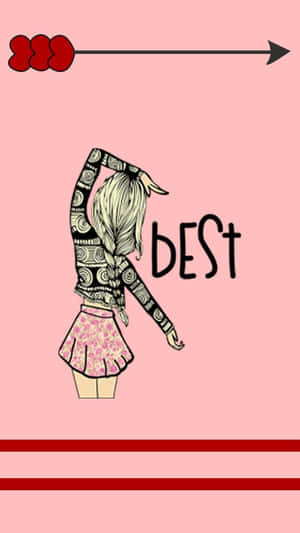 女孩在粉紅色背景上伸展，帶有「BEST」文字和紅色箭頭。