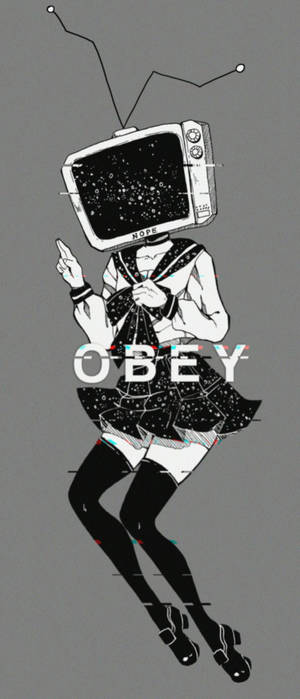 女孩頭部為電視機向上指，穿著水手服，帶有故障效果和obey文字。 — Galaxy Z Flip 壁紙