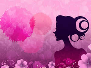 一個捲髮女性的剪影，背景是粉紅色花卉圖案。 — 美學粉色GIF 壁紙