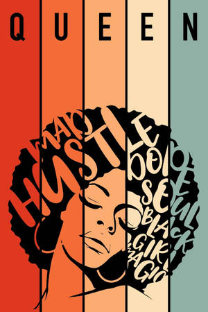 一個女性的臉，帶有由賦權詞語如「Hustle」和「Queen」組成的非洲式爆炸頭，位於彩虹條紋上。 — 動畫女孩 壁紙