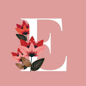 在粉紅色背景上裝飾有彩色花朵和葉子的字母E。 — 字母e 壁紙