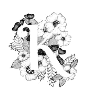 字母K以花朵和葉子裝飾的黑白插圖。 — Galaxy Z Flip 8 壁紙