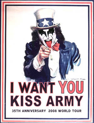 山姆大叔在Kiss Army 2008巡迴海報中伸出舌頭指向觀眾。 — 岩石 壁紙