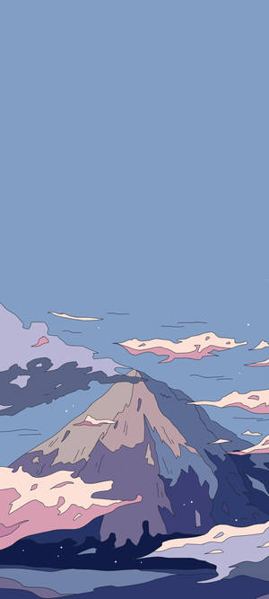 一個風格化的山，帶有粉彩雲和寧靜的藍天。 — 插畫 壁紙