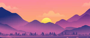 紫色山脈在日落時分，金色夕陽和松樹 — 2560x1080 壁紙