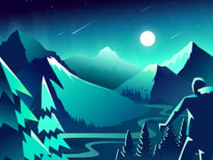 夜晚的山谷，月亮和流星在蜿蜒的河流上空。 — 雪山 壁紙