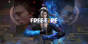 身穿藍色盔甲的動漫戰士，在火焰和宇宙背景下手持劍。 — Free Fire 櫻花 壁紙