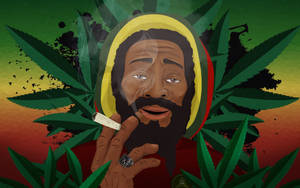 戴拉斯特法里帽的男人手持大麻煙，周圍環繞著大麻葉。 — 抽菸 壁紙