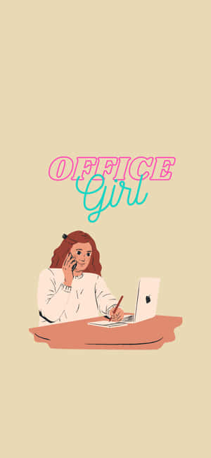 女士在辦公桌前打電話並用帶有Office Girl文字的筆記型電腦寫字 — Pixel 11 Pro XL 壁紙