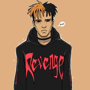 年輕男子身穿黑色連帽衫，帶有紅色復仇文字，頭髮半橙半黑。 — Xxxtentacion 卡通 壁紙