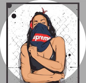 一位戴著Supreme頭巾遮住嘴巴的女性風格化插圖。 — 數位藝術 壁紙