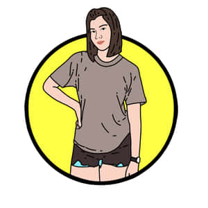 一位穿著休閒服裝的女性自信地站在黃色圓圈內。 — 卡通 壁紙