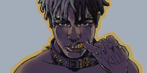 一個深色皮膚、頭髮尖刺的人咬著手指，戴著尖刺項圈。 — Xxxtentacion 卡通 壁紙
