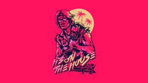 男人抱著狗，背景有棕櫚樹和太陽，粉紅色背景。 — 火線邁阿密 壁紙