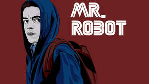 穿著藍色連帽衫、紅眼睛的男人，以及紅色背景上的「MR. ROBOT」文字。 — 機器人 壁紙