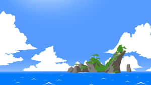 藍天白雲下，藍色海洋中的岩石島嶼上長滿綠樹。 — 薩爾達 壁紙
