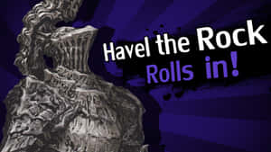 一個岩石的圖形插圖，上面有文字 'Havel the Rock Rolls in!'，背景為紫色。 — 哥布林殺手 壁紙