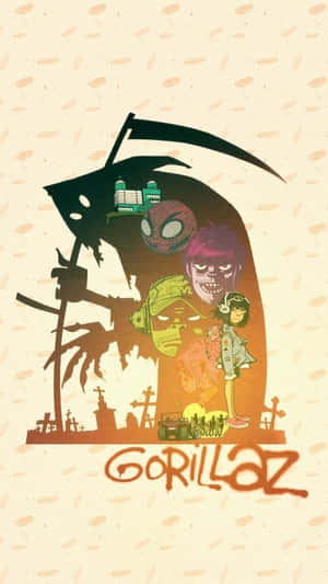 Gorillaz 樂隊成員在死神剪影內，背景為墓地。 — 猩猩 iPhone 壁紙