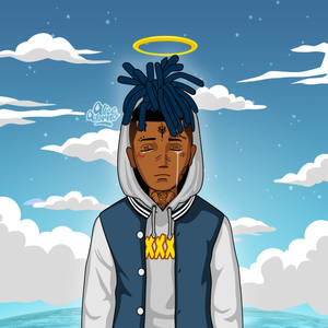 擁有藍色辮子頭和光環的男子，在天空中有雲和星星。 — Xxxtentacion 卡通 壁紙