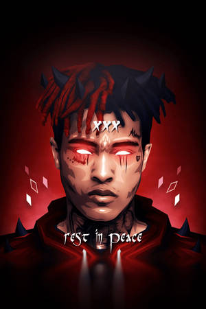 一個數位藝術作品，一個男人眼睛發出紅光，臉上滴著血，文字為 rest in peace。