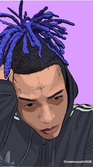 藍色辮子和面部刺青的男子穿著深色連帽衫。 — Xxxtentacion 卡通 壁紙